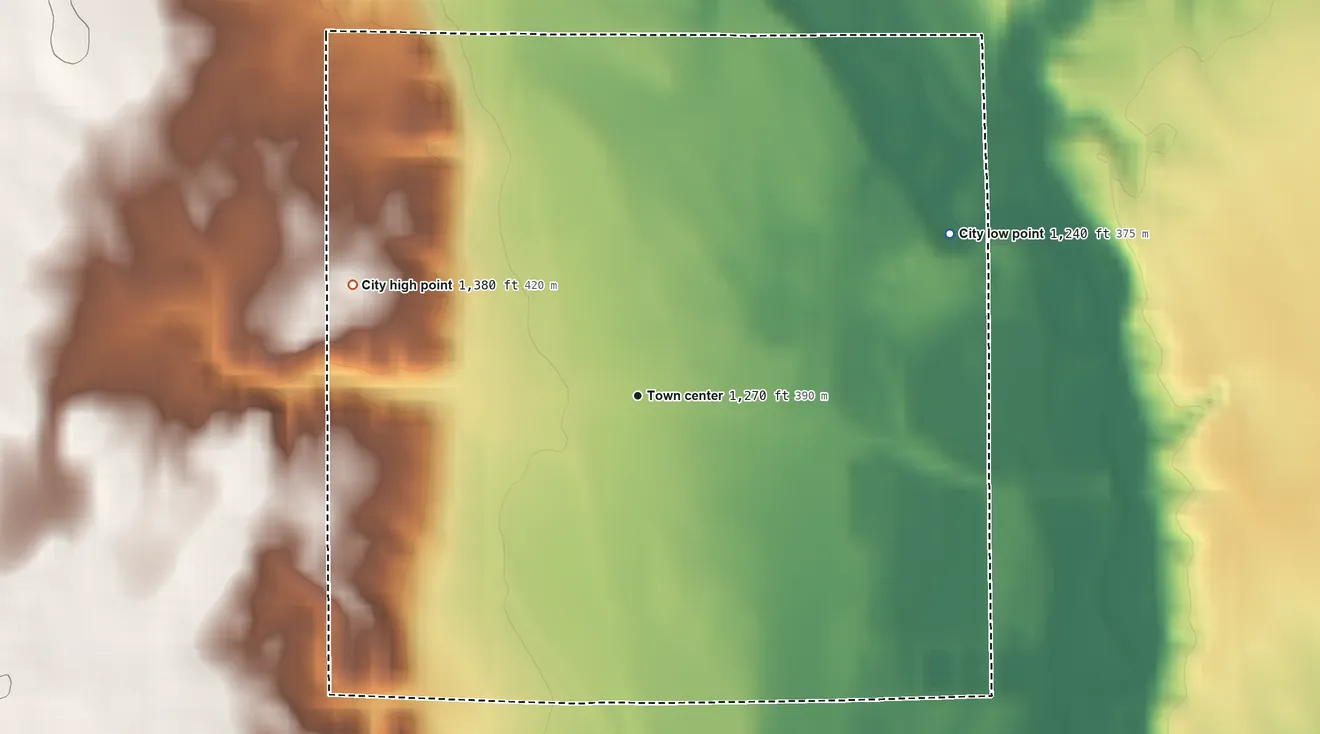 Topographic elevation map of Wallingford, Iowa, shaded from 1,240 ft on the northeast side to 1,380 ft on the west side