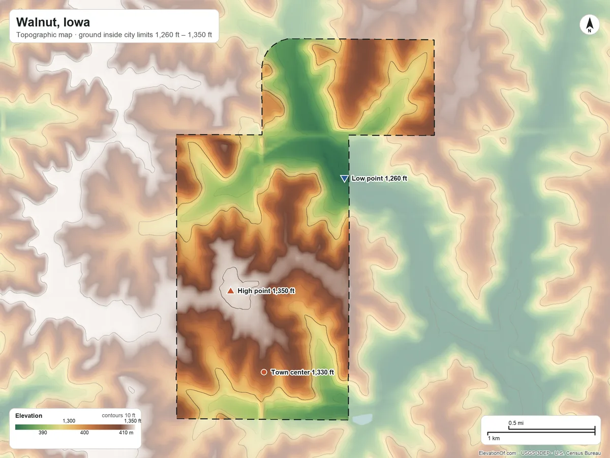 Topographic elevation map of Walnut, Iowa, shaded from 1,260 ft on the northeast side to 1,350 ft on the north side