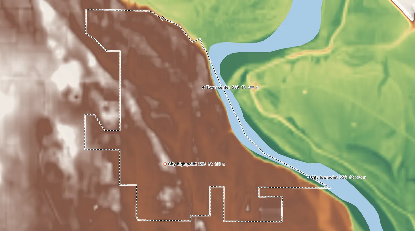 Topographic elevation map of Wapello, Iowa, shaded from 550 ft on the southeast side to 590 ft on the southwest side