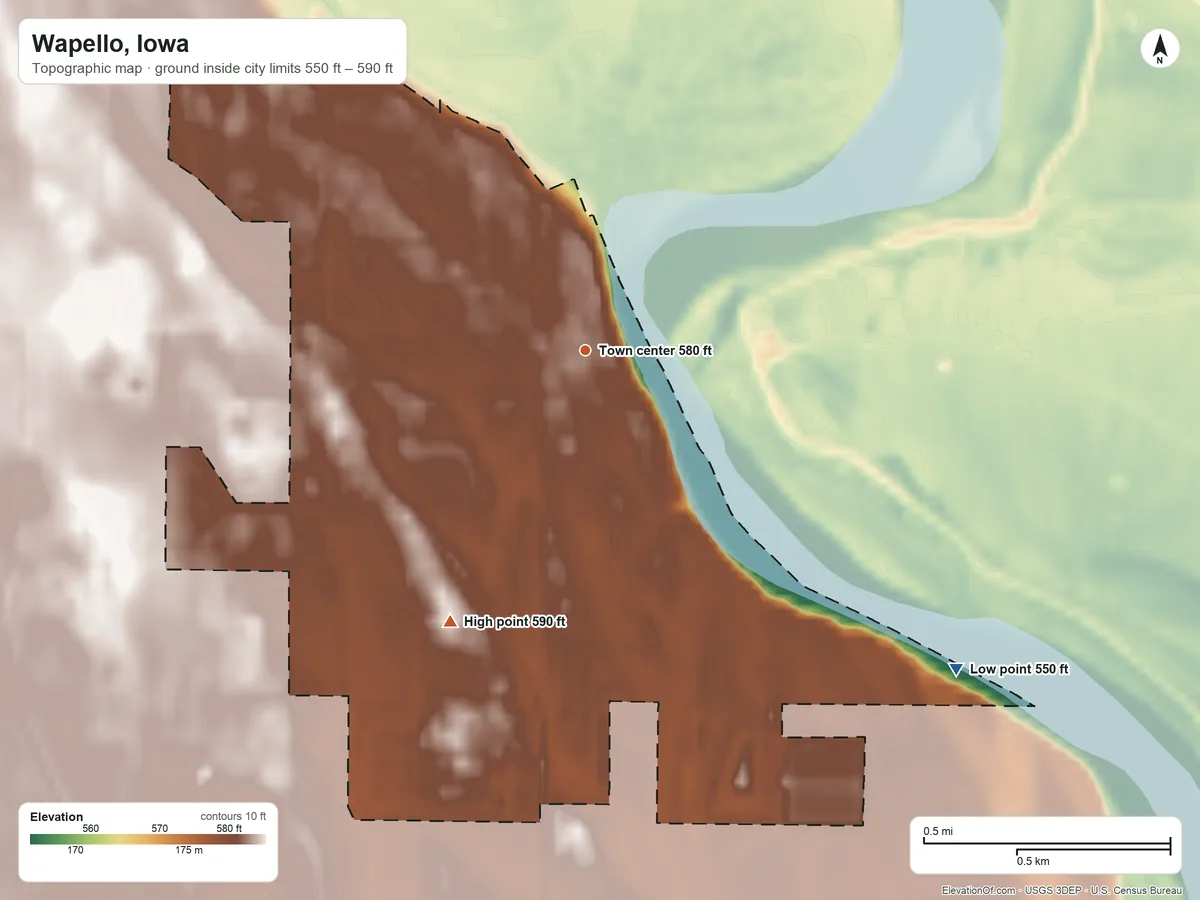 Topographic elevation map of Wapello, Iowa, shaded from 550 ft on the southeast side to 590 ft on the southwest side