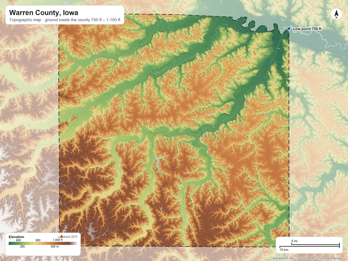 Topographic elevation map of Warren County, Iowa, shaded from 750 ft on the northeast side to 1,100 ft on the southwest side