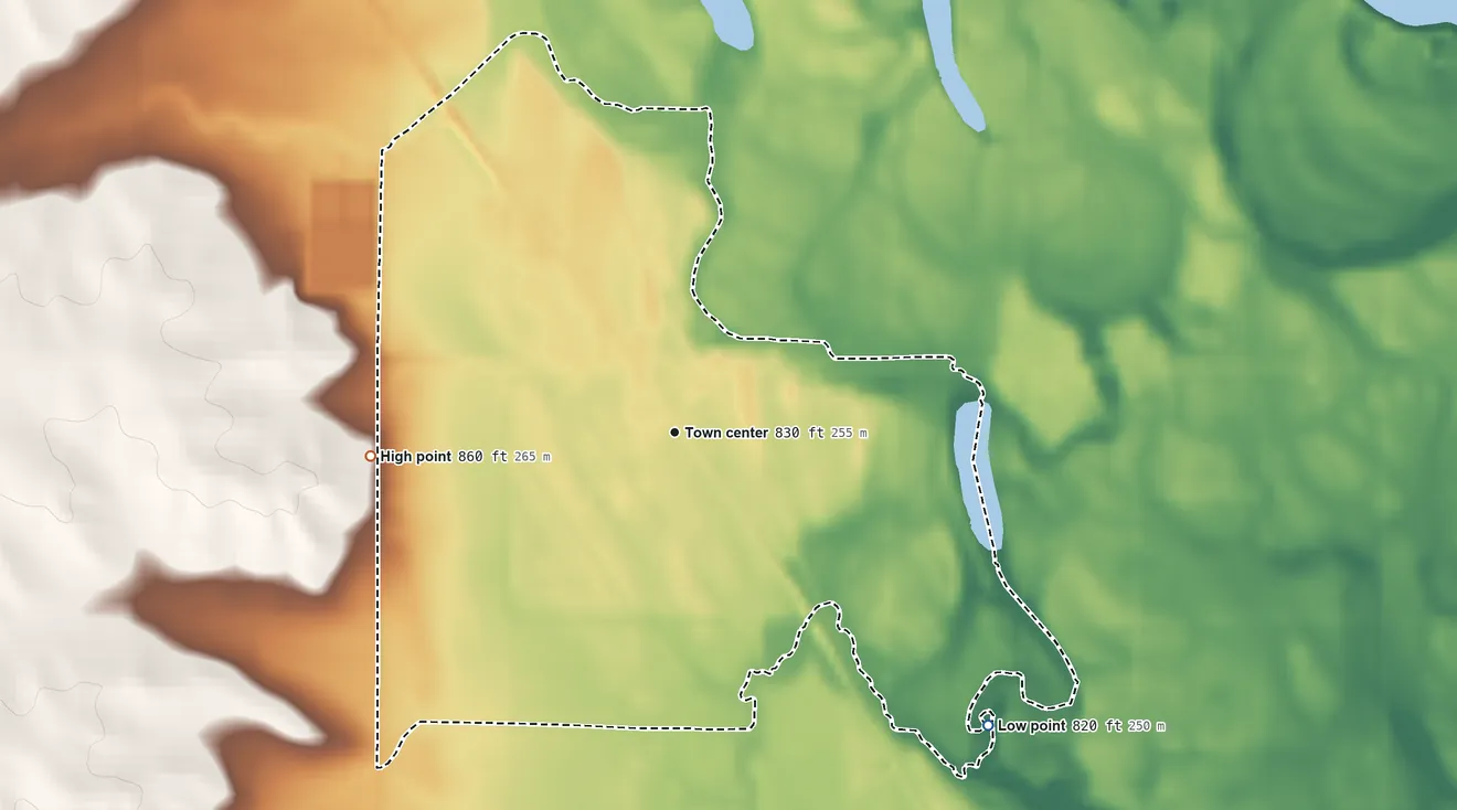 Topographic elevation map of Washburn, Iowa, shaded from 820 ft on the southeast side to 860 ft on the west side