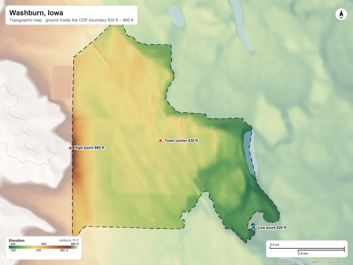 Topographic elevation map of Washburn, Iowa, shaded from 820 ft on the southeast side to 860 ft on the west side