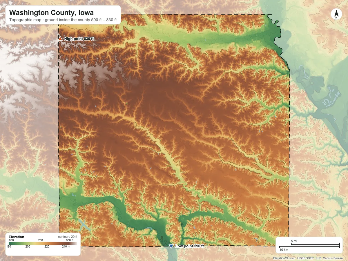 Topographic elevation map of Washington County, Iowa, shaded from 590 ft on the south side to 830 ft on the northwest side