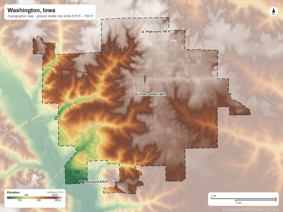 Topographic elevation map of Washington, Iowa, shaded from 670 ft on the southwest side to 760 ft on the north side