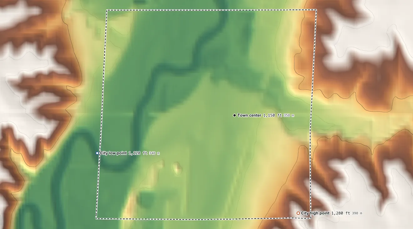 Topographic elevation map of Washta, Iowa, shaded from 1,120 ft on the west side to 1,280 ft on the southeast side