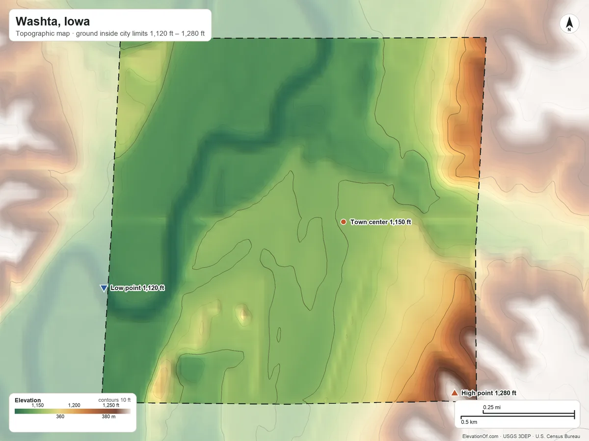 Topographic elevation map of Washta, Iowa, shaded from 1,120 ft on the west side to 1,280 ft on the southeast side