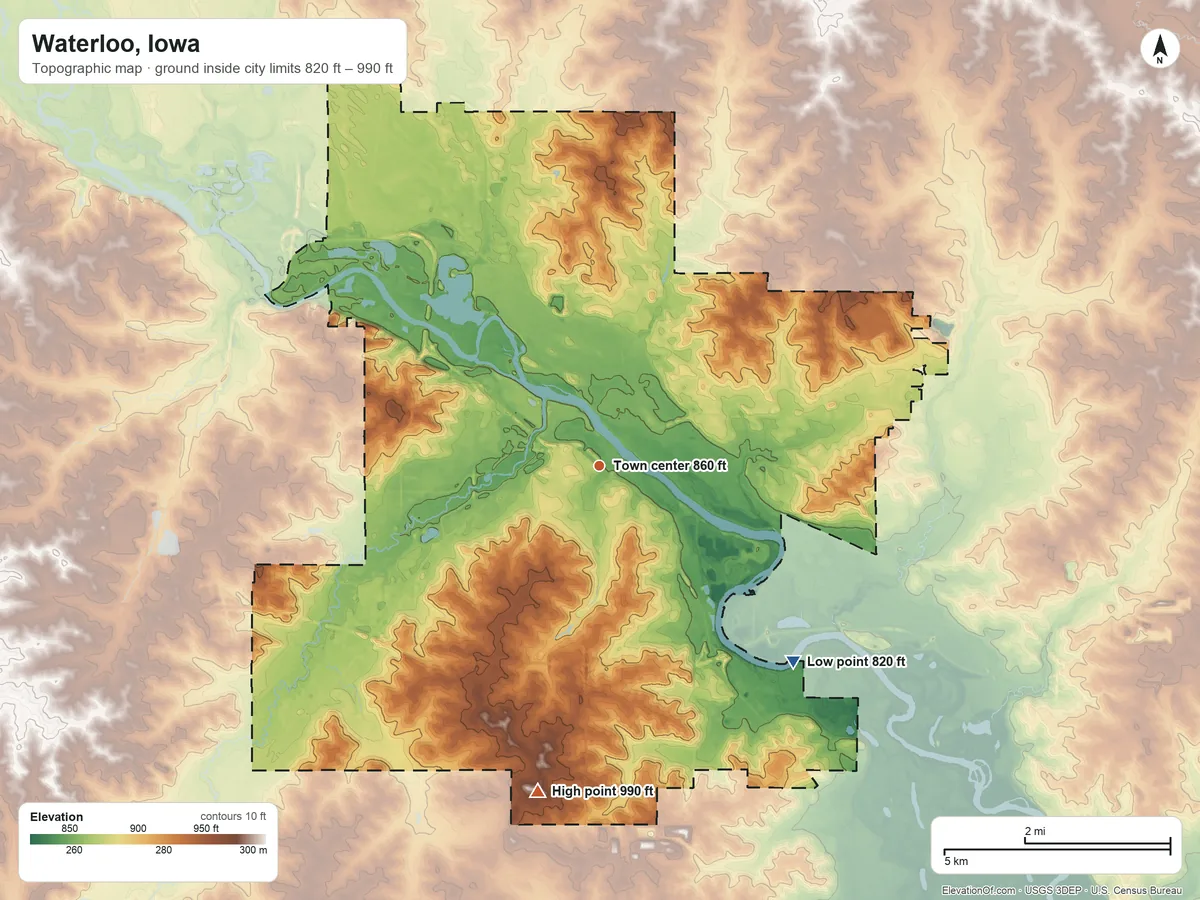 Topographic elevation map of Waterloo, Iowa, shaded from 820 ft on the southeast side to 990 ft on the south side