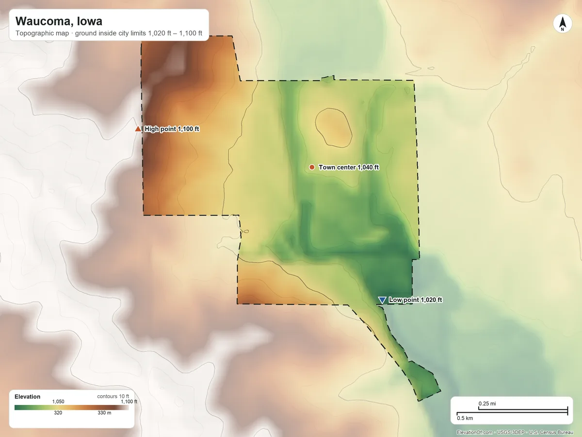 Topographic elevation map of Waucoma, Iowa, shaded from 1,020 ft on the southeast side to 1,100 ft on the west side