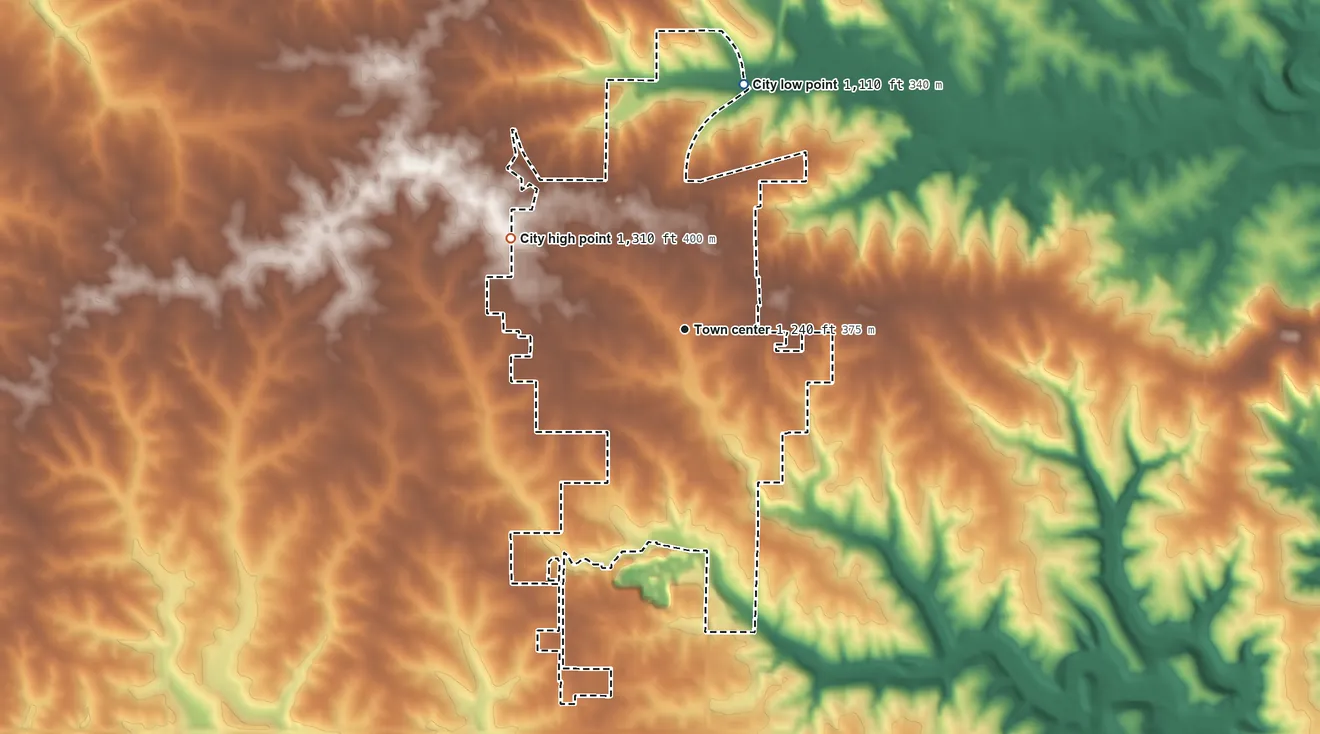 Topographic elevation map of Waukon, Iowa, shaded from 1,110 ft on the north side to 1,310 ft on the northwest side