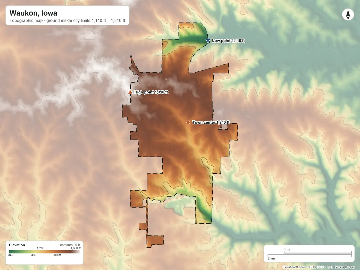 Topographic elevation map of Waukon, Iowa, shaded from 1,110 ft on the north side to 1,310 ft on the northwest side