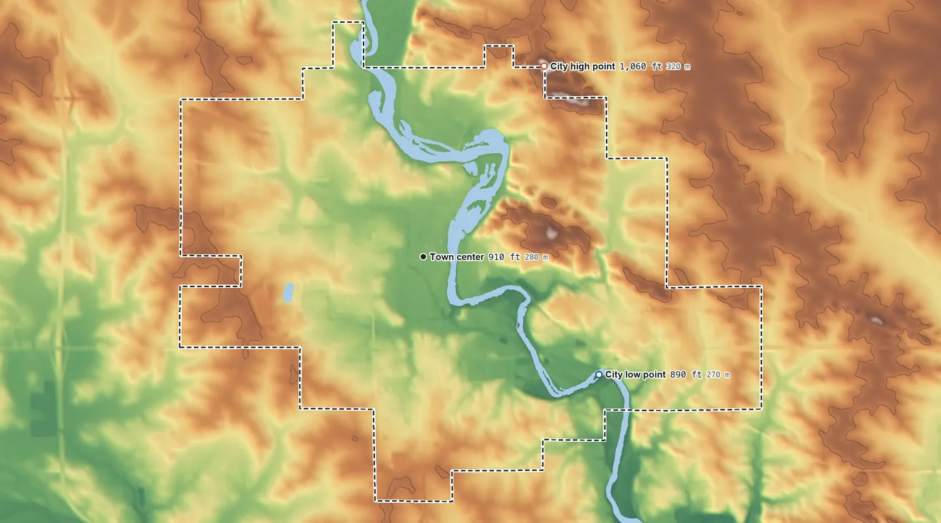 Topographic elevation map of Waverly, Iowa, shaded from 890 ft on the southeast side to 1,060 ft on the northeast side