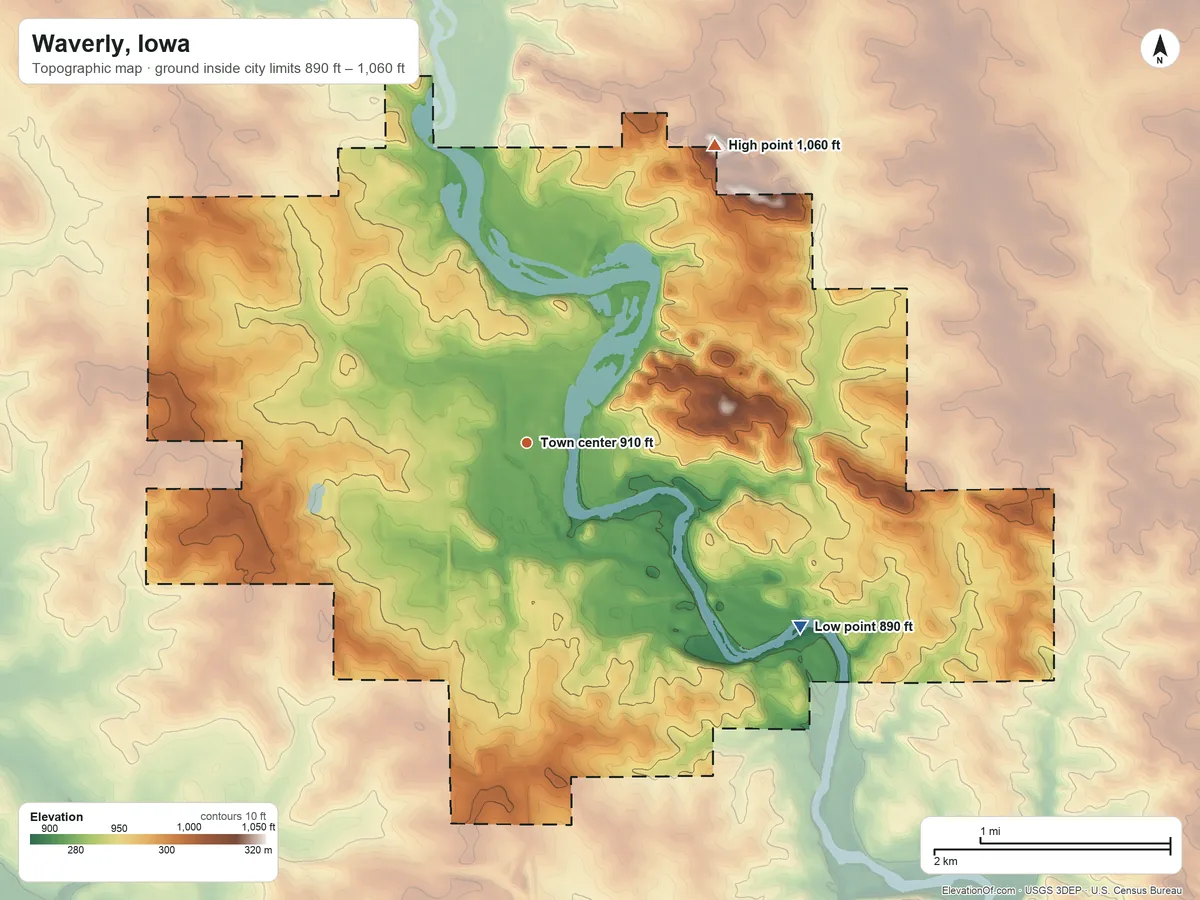 Topographic elevation map of Waverly, Iowa, shaded from 890 ft on the southeast side to 1,060 ft on the northeast side