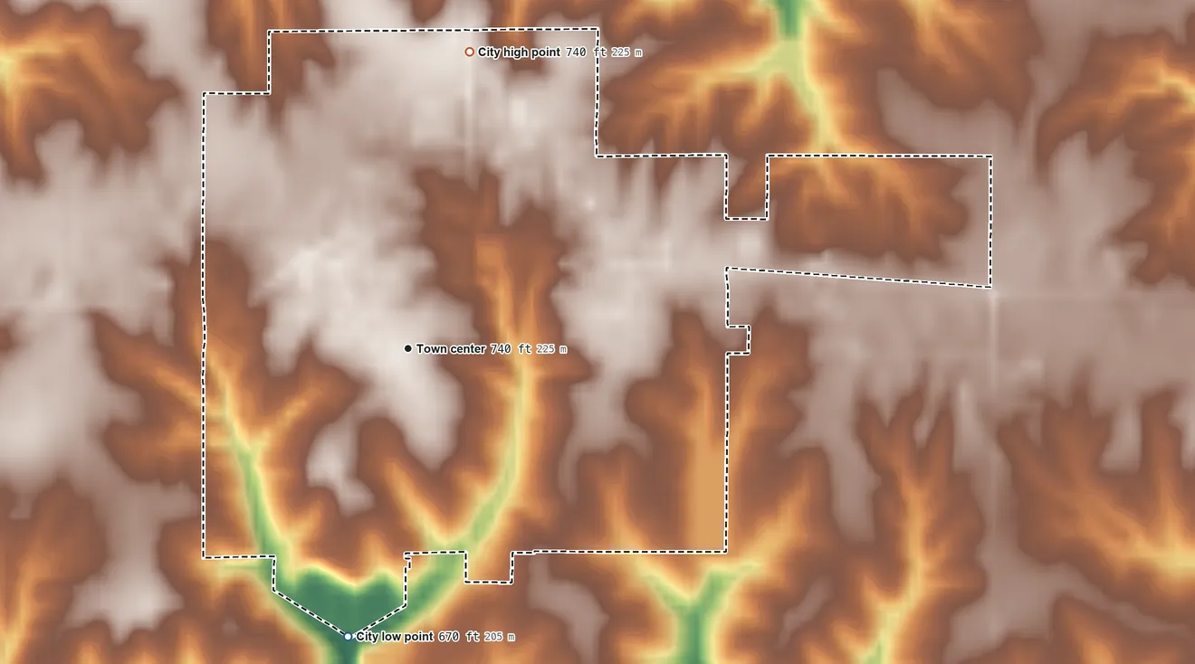 Topographic elevation map of Wayland, Iowa, shaded from 670 ft on the south side to 740 ft on the north side