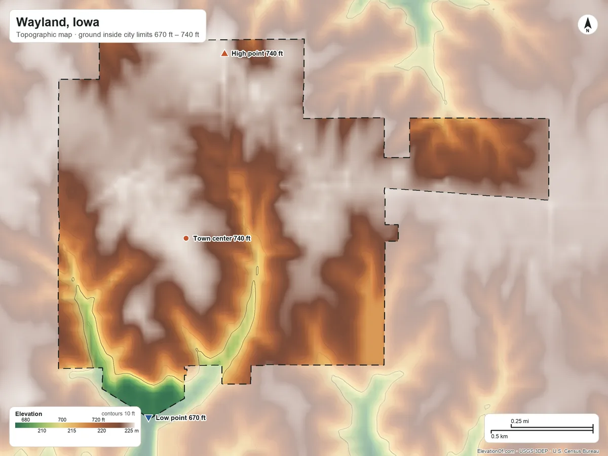 Topographic elevation map of Wayland, Iowa, shaded from 670 ft on the south side to 740 ft on the north side