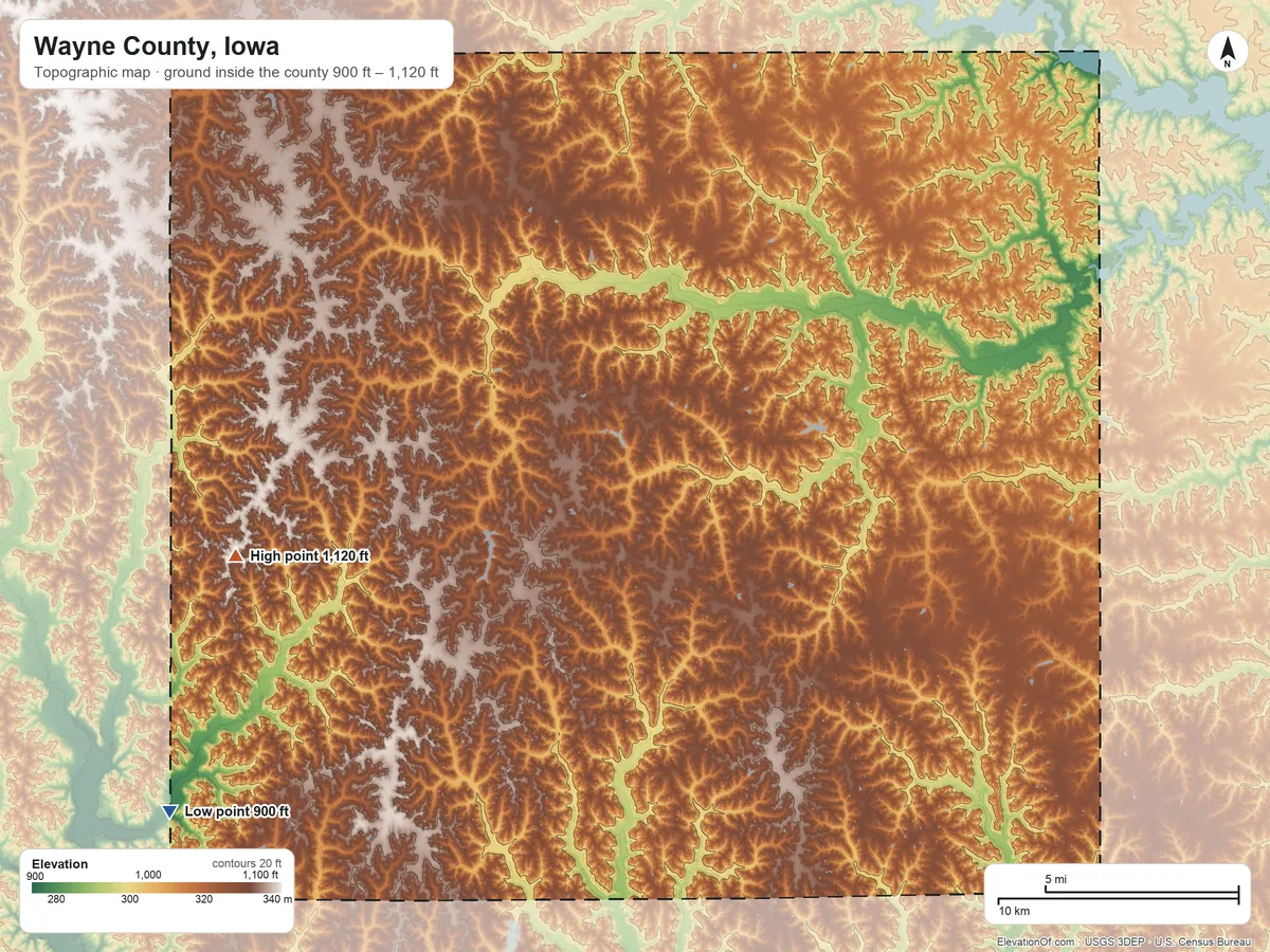 Topographic elevation map of Wayne County, Iowa, shaded from 900 ft on the southwest side to 1,120 ft on the west side