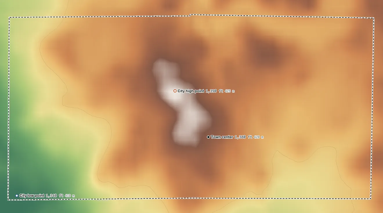 Topographic elevation map of Webb, Iowa, shaded from 1,340 ft on the west side to 1,390 ft on the northwest side