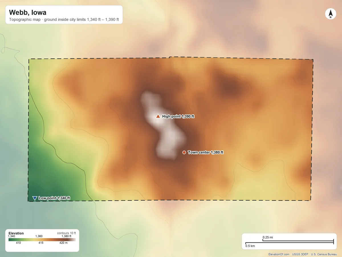 Topographic elevation map of Webb, Iowa, shaded from 1,340 ft on the west side to 1,390 ft on the northwest side