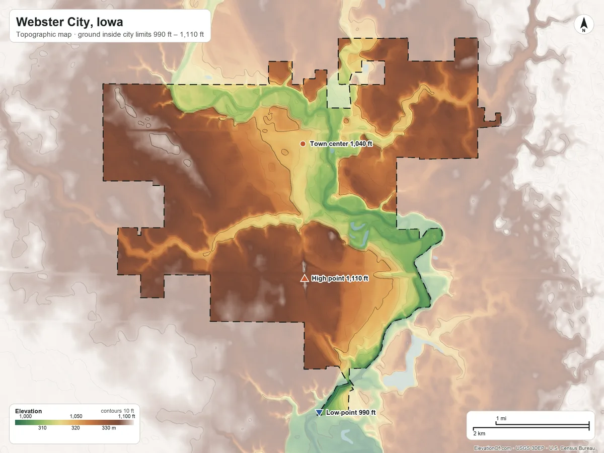 Topographic elevation map of Webster City, Iowa, shaded from 990 ft on the south side to 1,110 ft on the south side