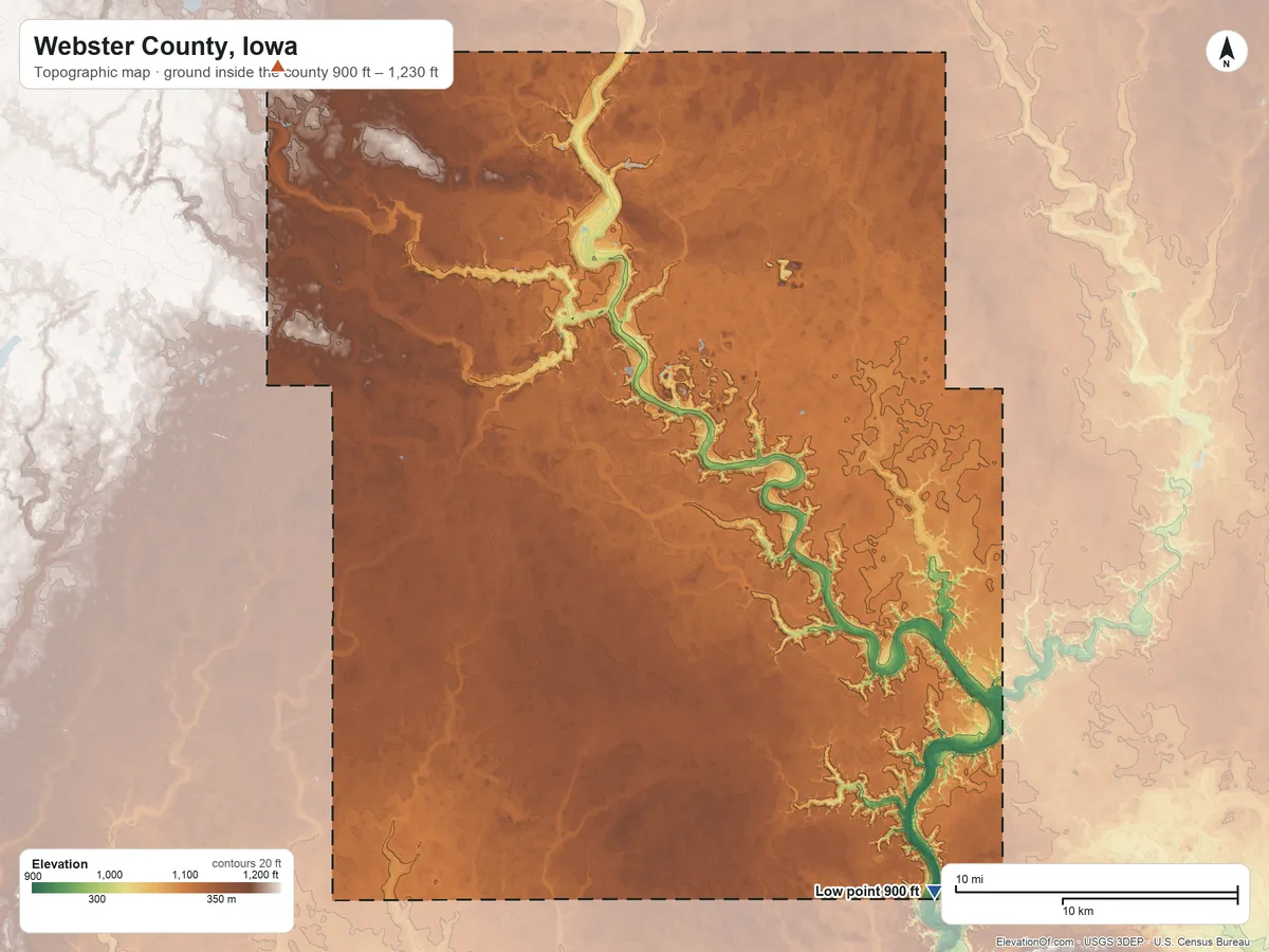 Topographic elevation map of Webster County, Iowa, shaded from 900 ft on the southeast side to 1,230 ft on the northwest side