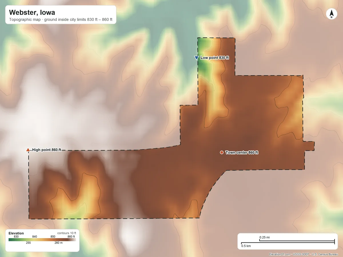 Topographic elevation map of Webster, Iowa, shaded from 830 ft on the north side to 860 ft on the west side