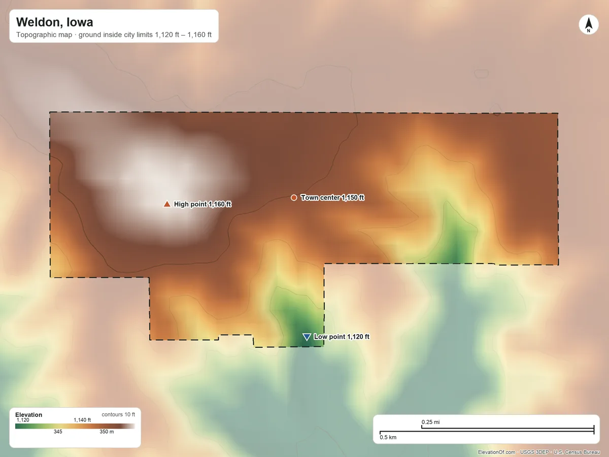 Topographic elevation map of Weldon, Iowa, shaded from 1,120 ft on the south side to 1,160 ft on the west side