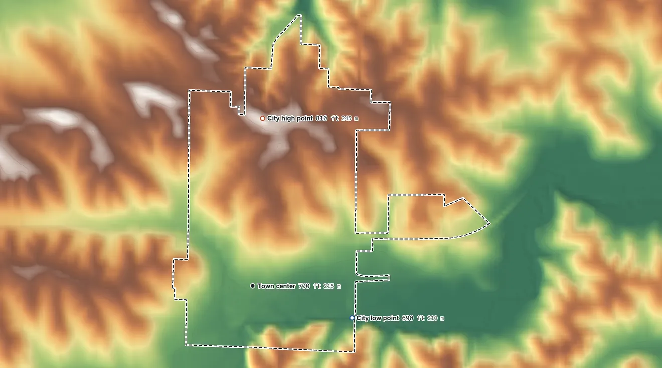 Topographic elevation map of Wellman, Iowa, shaded from 690 ft on the east side to 810 ft on the north side