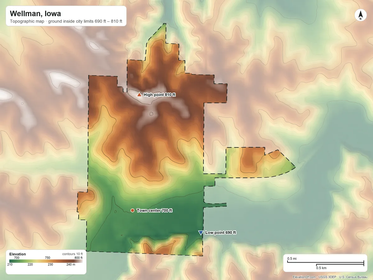 Topographic elevation map of Wellman, Iowa, shaded from 690 ft on the east side to 810 ft on the north side