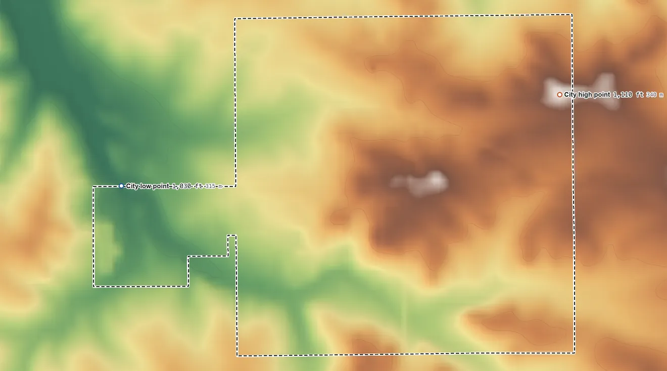 Topographic elevation map of Wellsburg, Iowa, shaded from 1,030 ft on the west side to 1,110 ft on the northeast side
