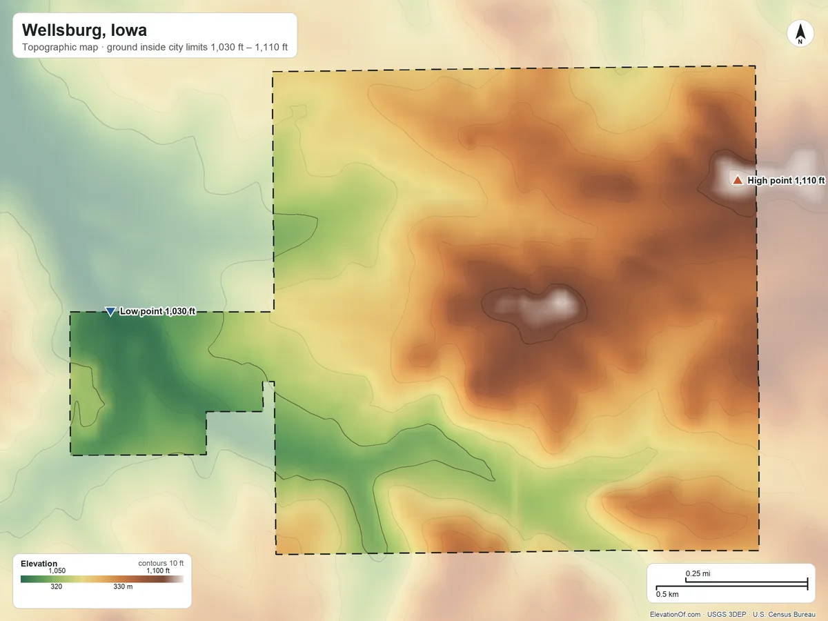 Topographic elevation map of Wellsburg, Iowa, shaded from 1,030 ft on the west side to 1,110 ft on the northeast side