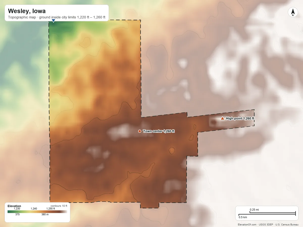 Topographic elevation map of Wesley, Iowa, shaded from 1,220 ft on the northwest side to 1,260 ft on the east side