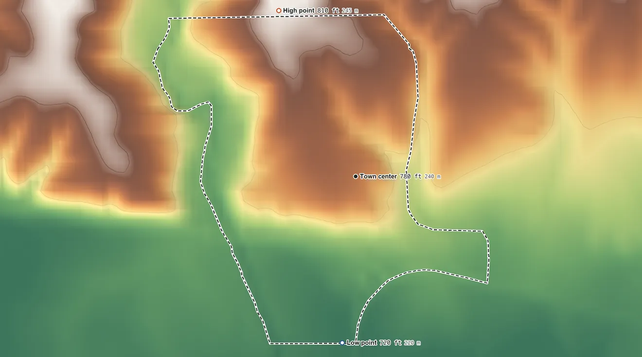 Topographic elevation map of West Amana, Iowa, shaded from 720 ft on the south side to 810 ft on the northwest side