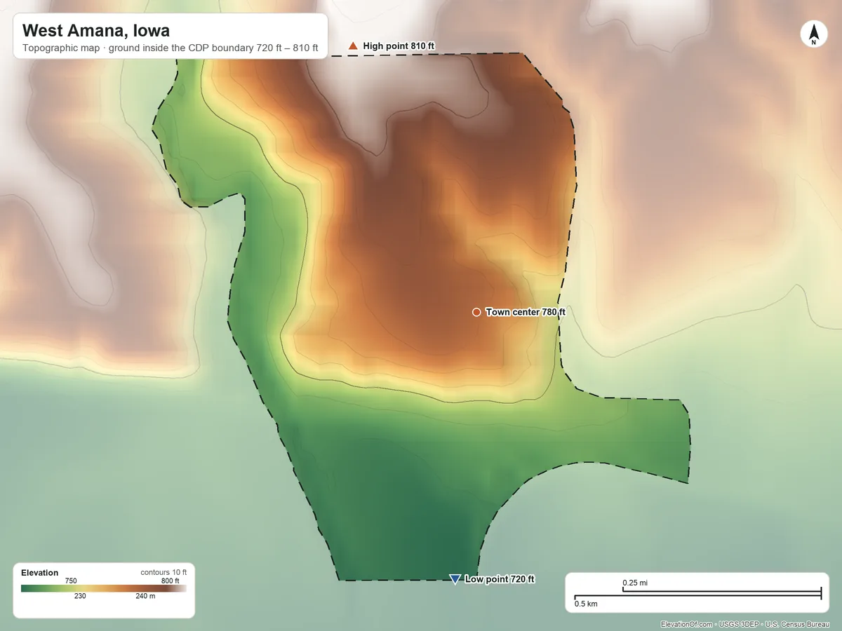 Topographic elevation map of West Amana, Iowa, shaded from 720 ft on the south side to 810 ft on the northwest side