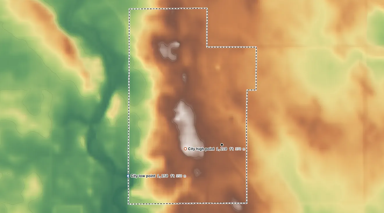 Topographic elevation map of West Bend, Iowa, shaded from 1,150 ft on the west side to 1,210 ft on the west side