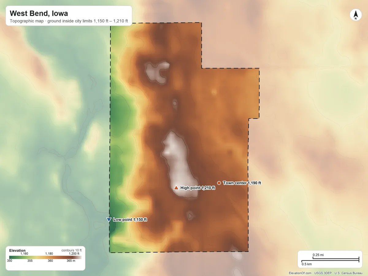 Topographic elevation map of West Bend, Iowa, shaded from 1,150 ft on the west side to 1,210 ft on the west side