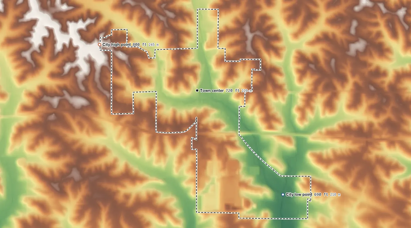 Topographic elevation map of West Branch, Iowa, shaded from 690 ft on the southeast side to 800 ft on the northwest side