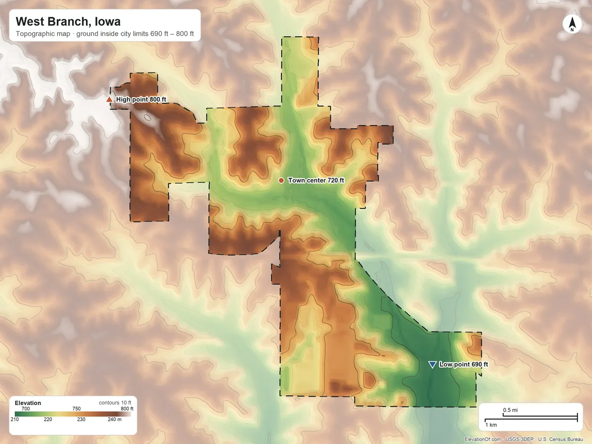 Topographic elevation map of West Branch, Iowa, shaded from 690 ft on the southeast side to 800 ft on the northwest side