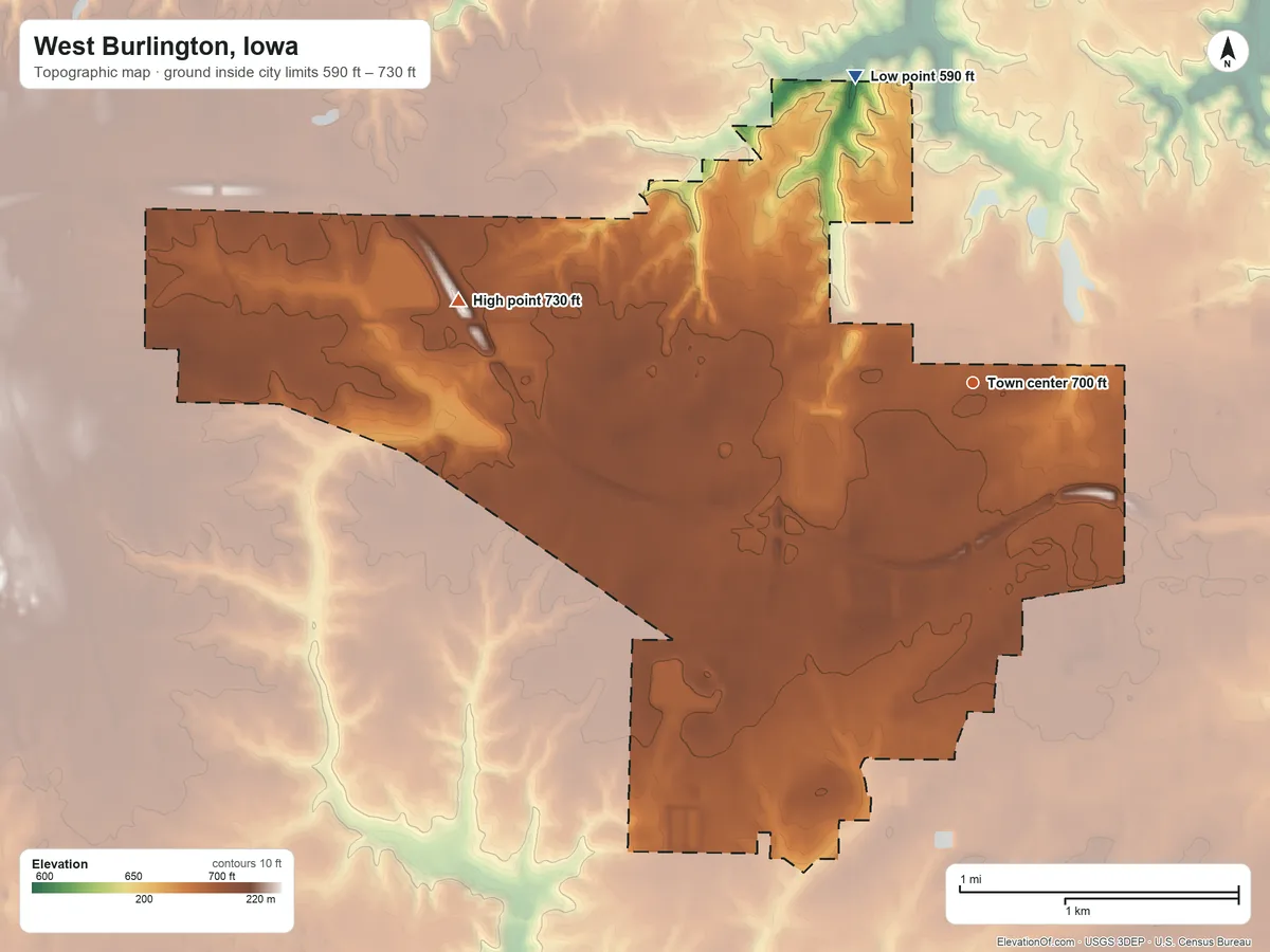 Topographic elevation map of West Burlington, Iowa, shaded from 590 ft on the north side to 730 ft on the west side