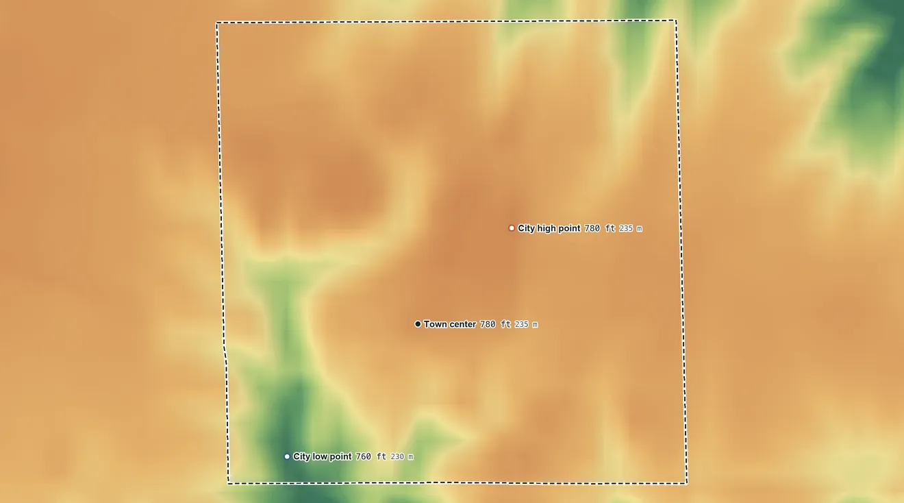 Topographic elevation map of West Chester, Iowa, shaded from 760 ft on the southwest side to 780 ft on the northeast side
