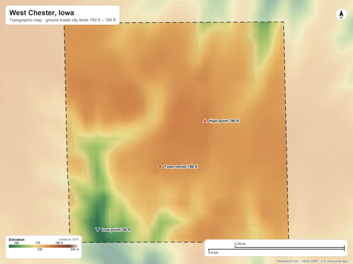 Topographic elevation map of West Chester, Iowa, shaded from 760 ft on the southwest side to 780 ft on the northeast side