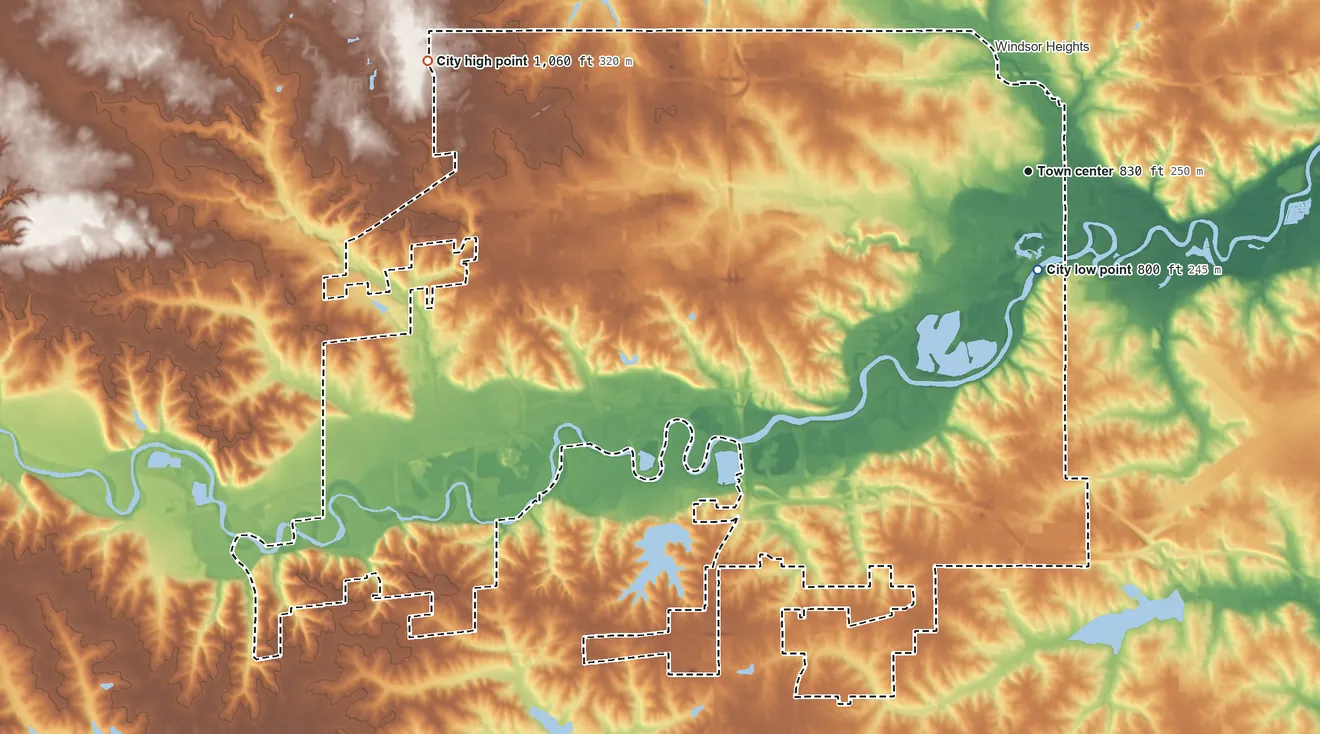 Topographic elevation map of West Des Moines, Iowa, shaded from 800 ft near the middle to 1,060 ft on the west side