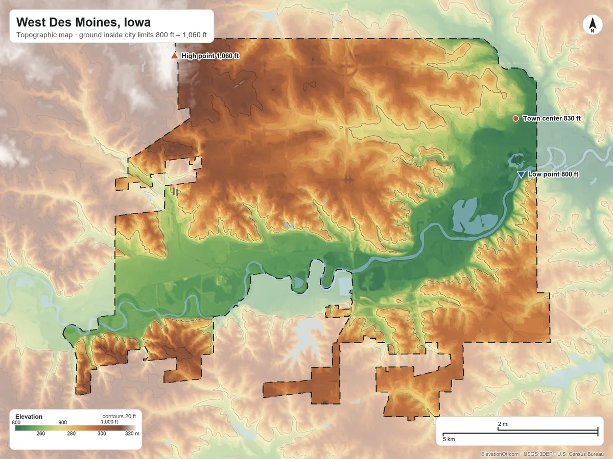 Topographic elevation map of West Des Moines, Iowa, shaded from 800 ft near the middle to 1,060 ft on the west side