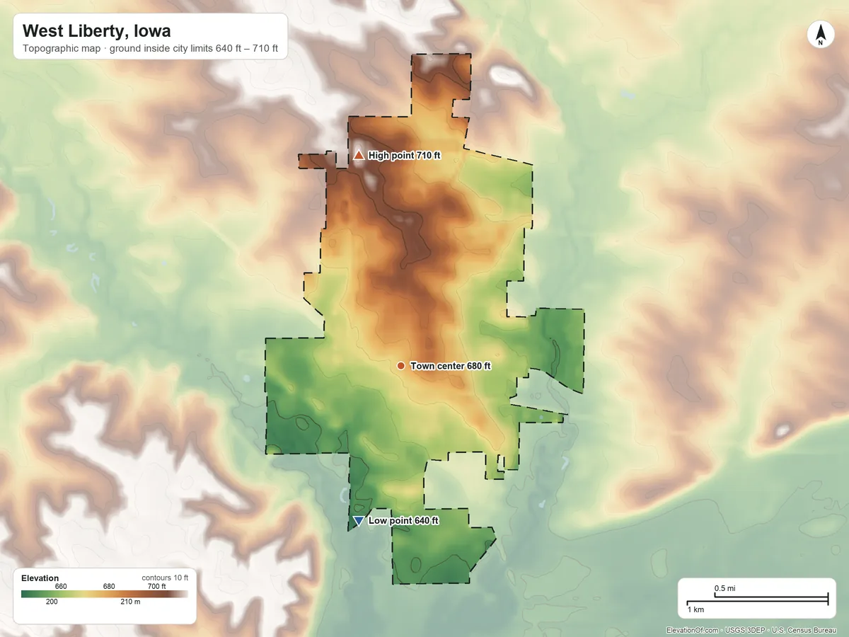 Topographic elevation map of West Liberty, Iowa, shaded from 640 ft on the south side to 710 ft on the north side