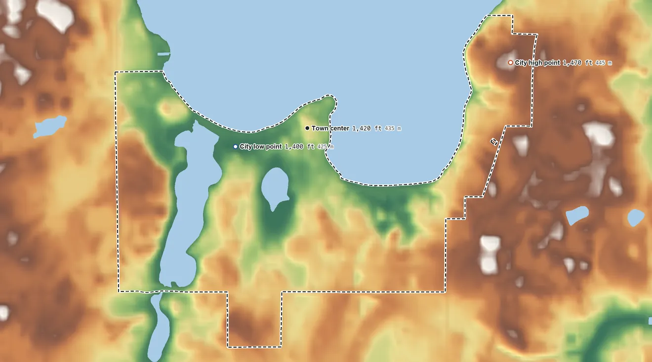 Topographic elevation map of West Okoboji, Iowa, shaded from 1,400 ft on the west side to 1,470 ft on the east side
