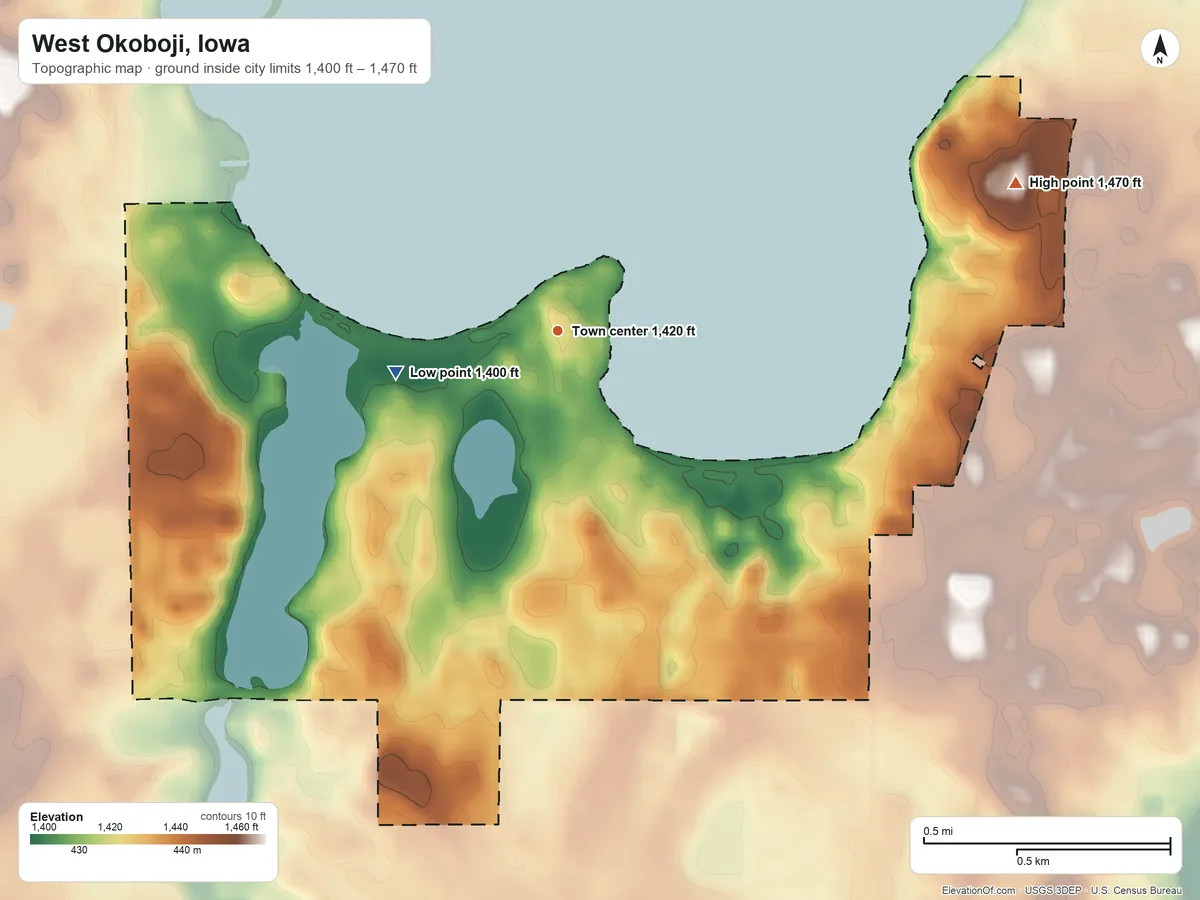 Topographic elevation map of West Okoboji, Iowa, shaded from 1,400 ft on the west side to 1,470 ft on the east side