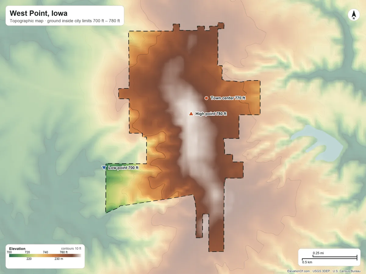Topographic elevation map of West Point, Iowa, shaded from 700 ft on the southwest side to 780 ft near the middle