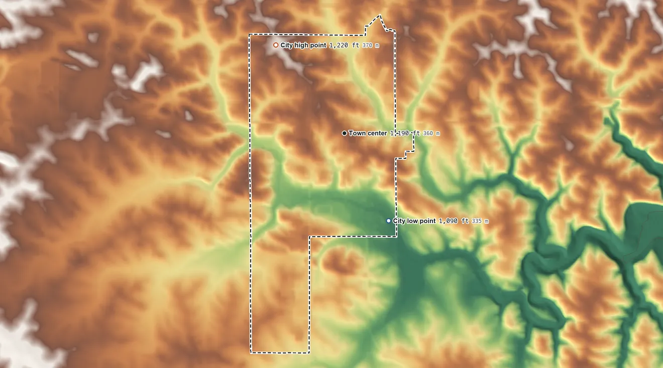 Topographic elevation map of West Union, Iowa, shaded from 1,090 ft on the southeast side to 1,220 ft on the northwest side