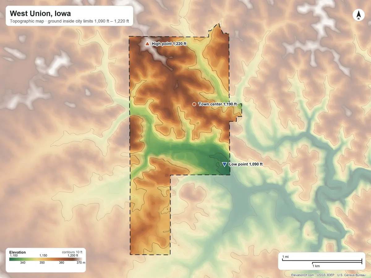 Topographic elevation map of West Union, Iowa, shaded from 1,090 ft on the southeast side to 1,220 ft on the northwest side