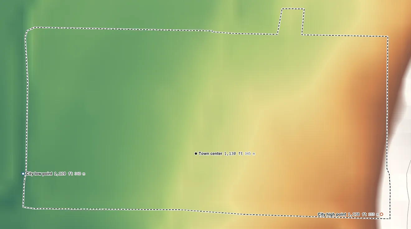Topographic elevation map of Westfield, Iowa, shaded from 1,120 ft on the west side to 1,170 ft on the east side