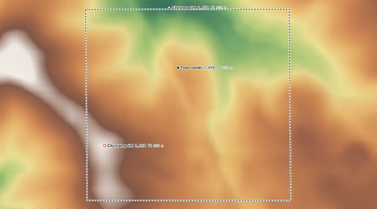 Topographic elevation map of Westgate, Iowa, shaded from 1,070 ft on the north side to 1,110 ft on the southwest side